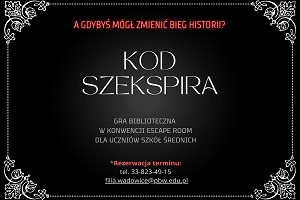 Grafika promująca grę biblioteczną "Kod Szekspira".