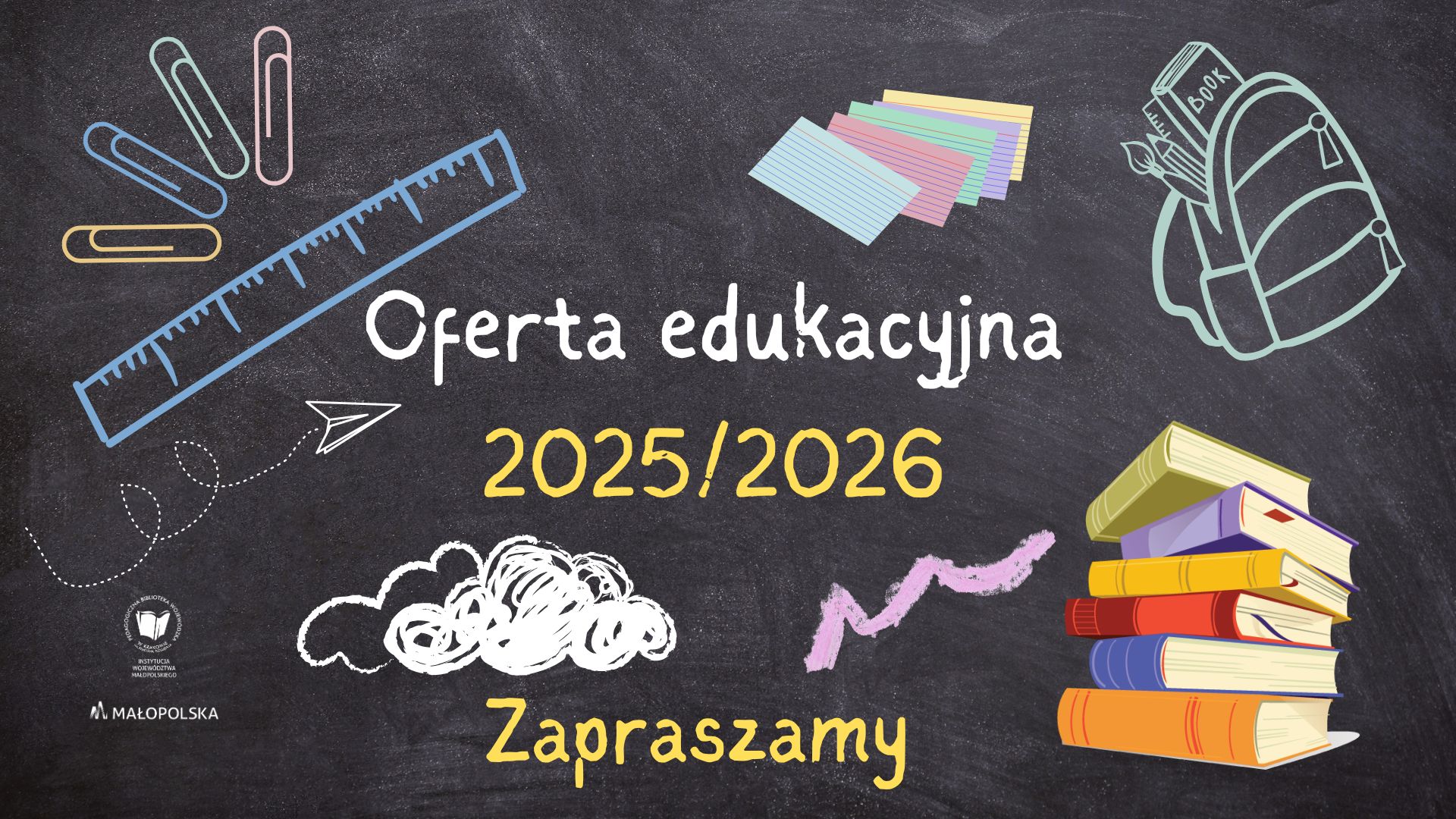Grafika promująca ofertę edukacyjną biblioteki na rok szkolny 2025/2026.