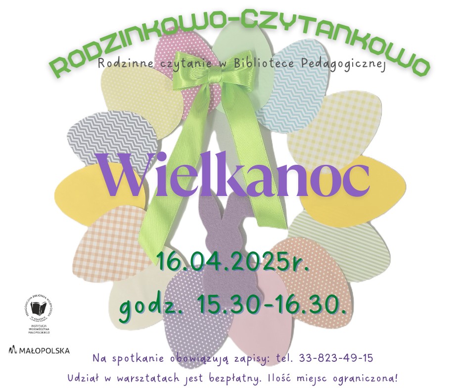 Grafika promująca świąteczne Rodzinkowo-Czytankowo. Po środku: Świąteczny wianek wykonany z kolorowych pisanek wyciętych z papieru. 