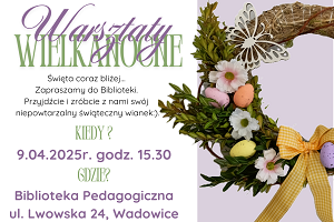 Grafika promująca warsztaty tworzenia wianków wielkanocnych w Bibliotece.
